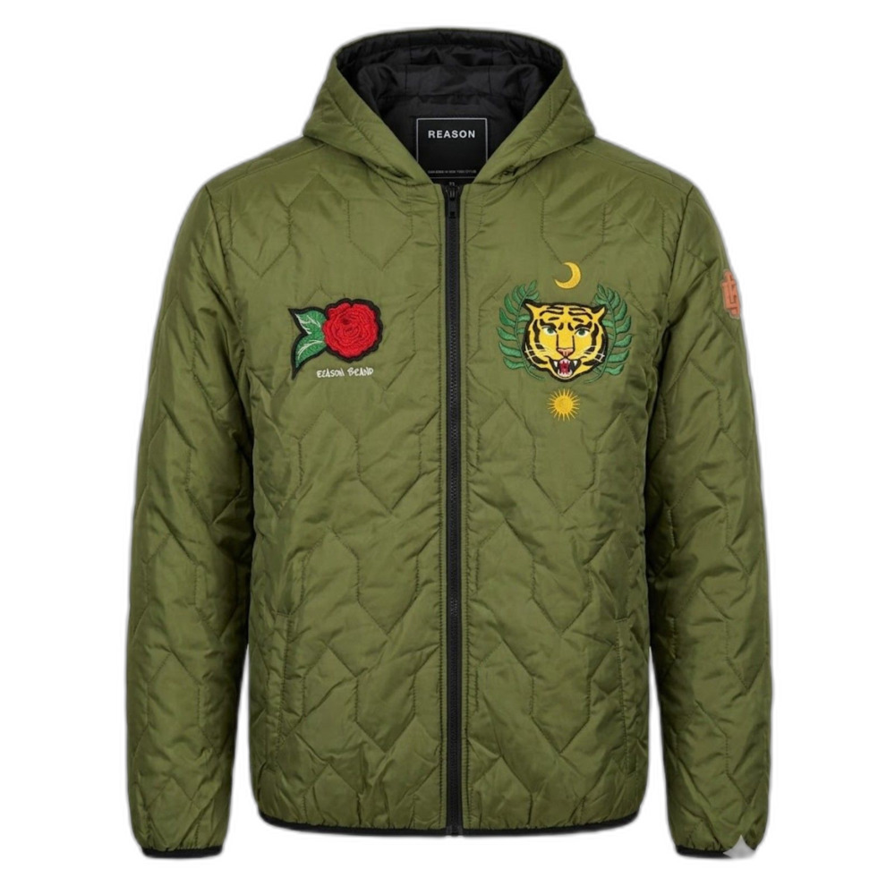 Reason Brand NYC Tiger Rose Quilted Hooded Jacket Olive Green Mens XL Streetwear